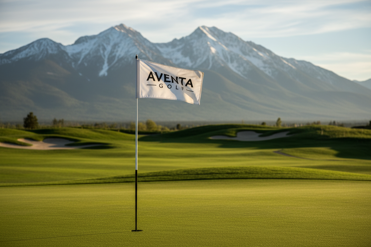 a flag stick blowing in the wind and the flag says Aventa Golf, scenic backdrop with snow top mountains